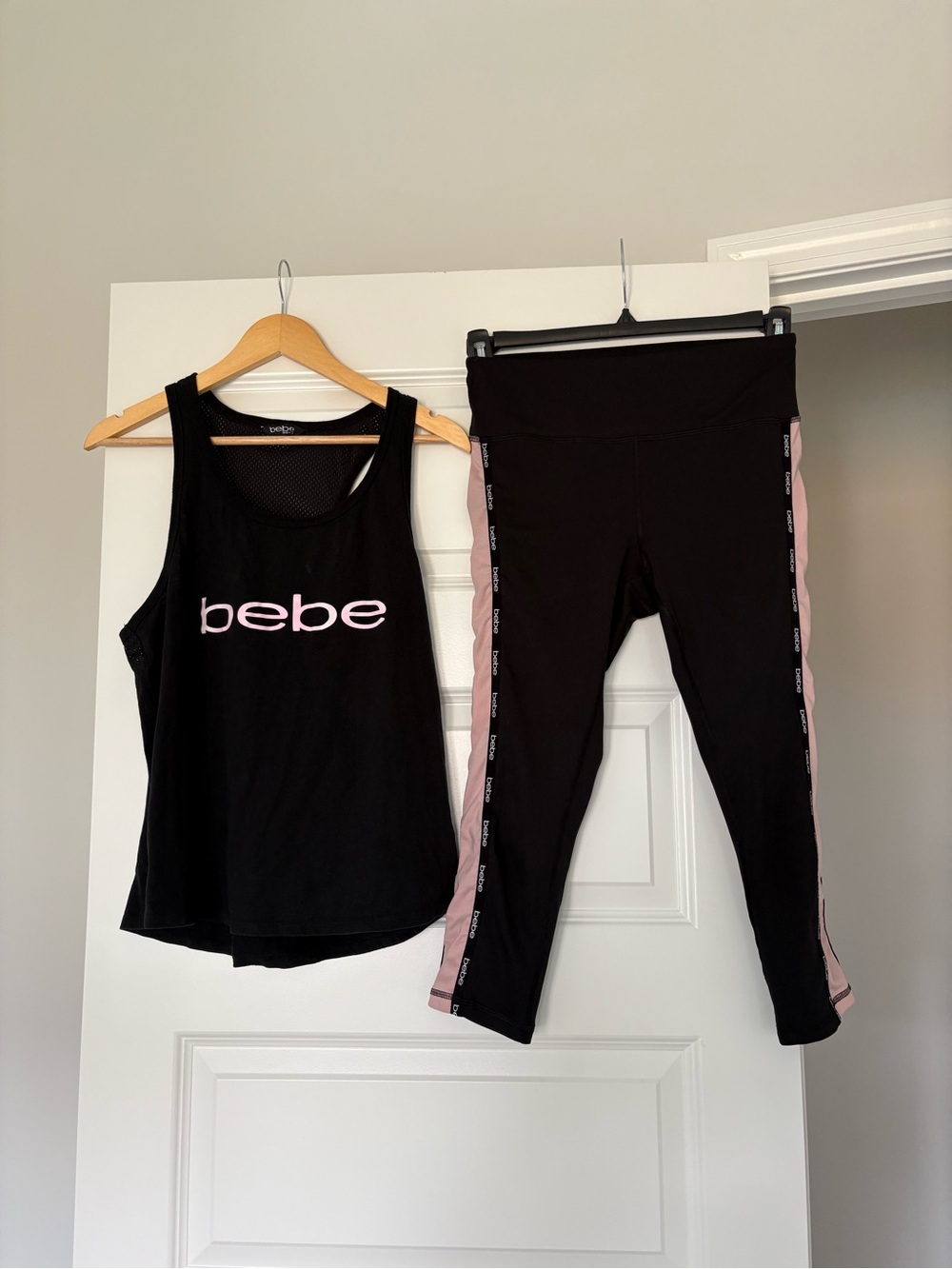 Y2K bebe Black Tank & Leggings Set Retro Streetwear with Pink Trim Size S/M